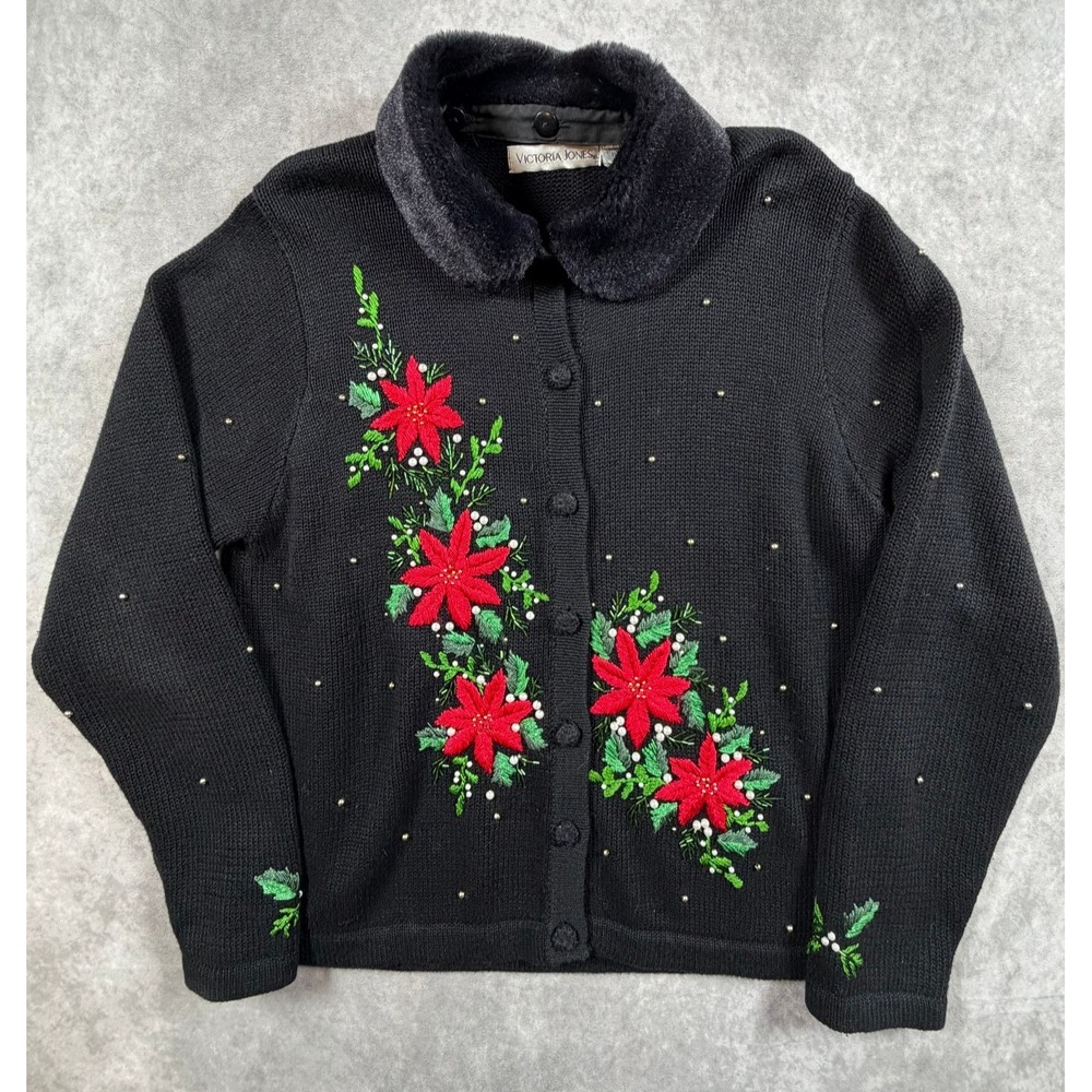 Victoria Jones Vintage Womens Large Cardigan Sweater Poinsettia Christmas Beaded